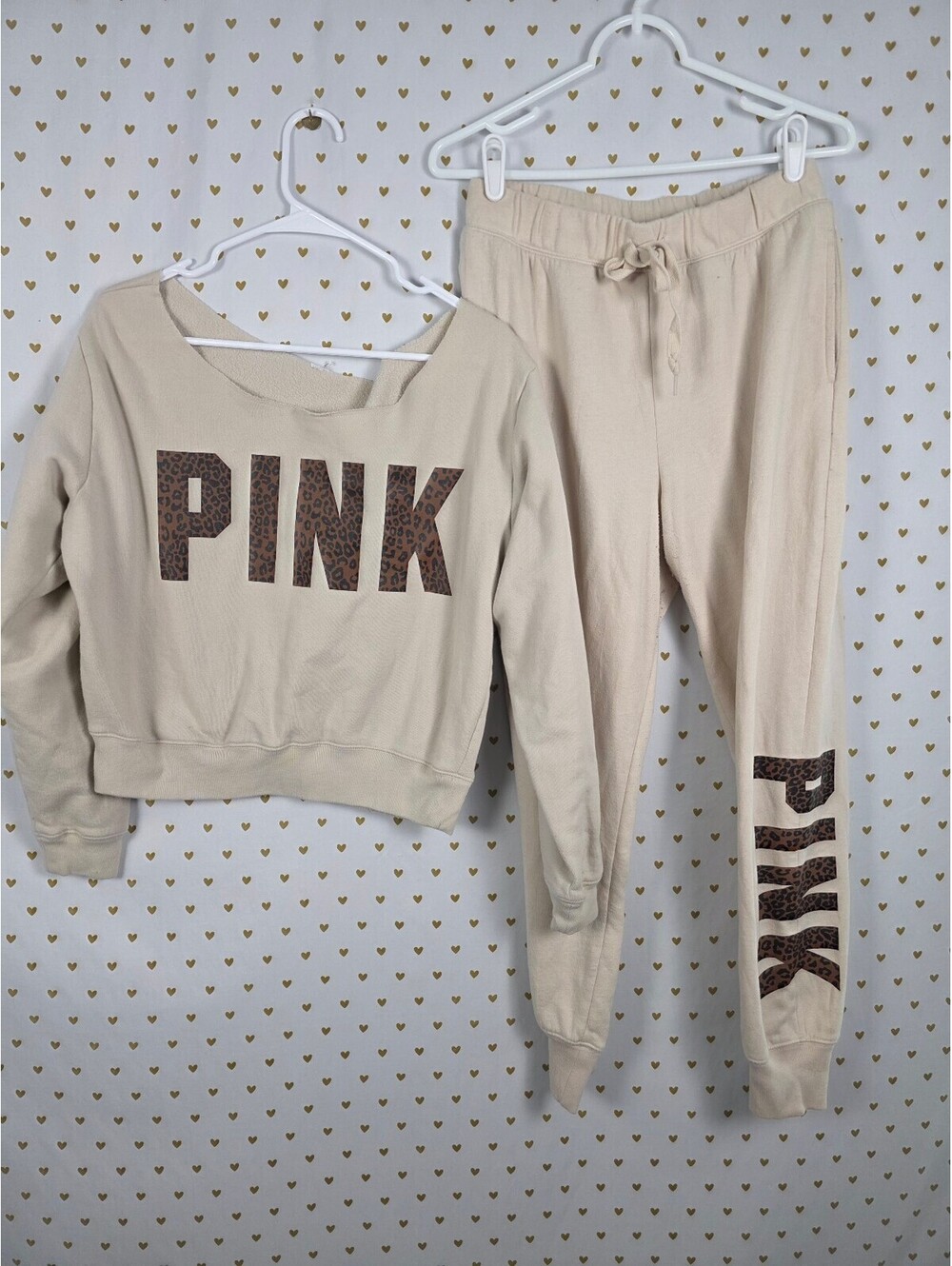 Victorias Secret PINK Leopard Cheetah Slouchy Sweater Shirt Sweats SET 2pc Sm